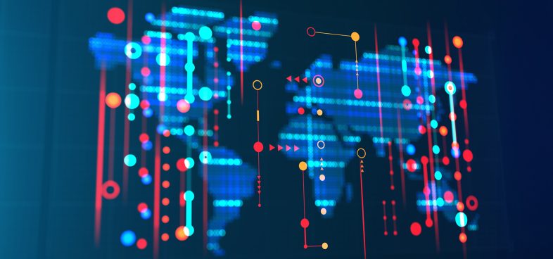 Pictorial representation of Iranian-backed threat groups and hacktivists. Digital illustration of a global network featuring interconnected lines and dots, suggesting a data-driven representation of worldwide connectivity, with a focus on technology and innovation. The image uses blue tones with red and light blue highlights.